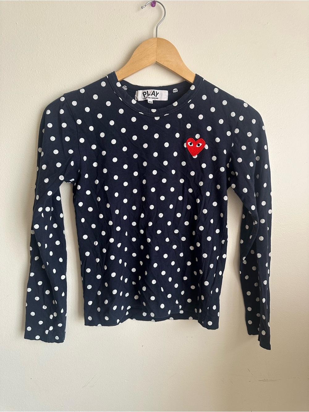 Navy Polka Dot Long-Sleeve Tee with Red Heart Logo